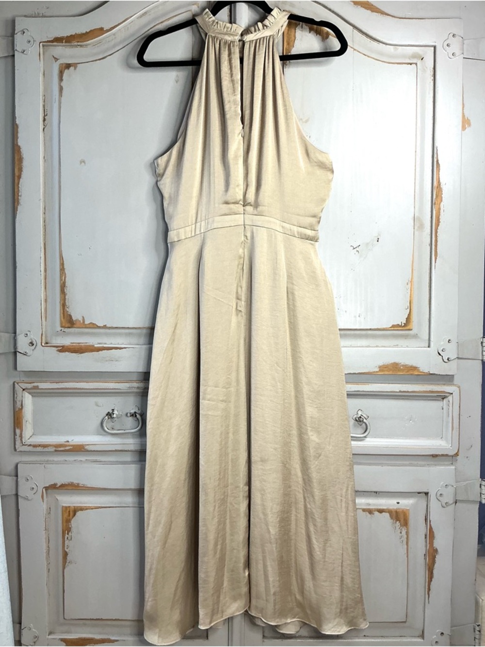 NWT Elie Tahari | Ruffled Halter Maxi Dress Soft Beige Champagne Size 12 - Picture 7 of 9